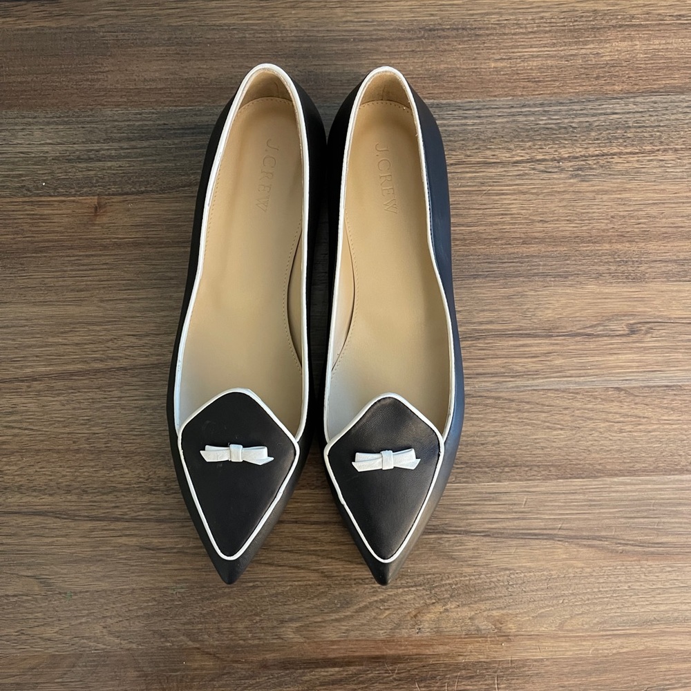 J Crew two-tone pointed toe leather loafers.